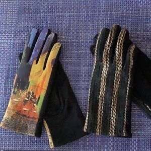 2 pair of tech gloves. Parisian scene on one pair, stripe design on the other.